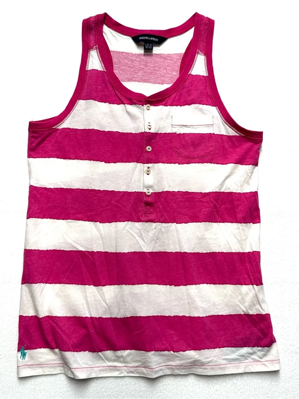 Ralph Lauren Girls 12/14 Pink White Striped Henley Tank Top Pony Logo